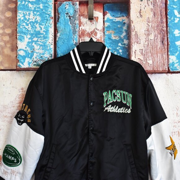Unisex Pacsun Athletics Varsity Bomber Jacket Embroidered Streetwear XS/S Black - Picture 2 of 13